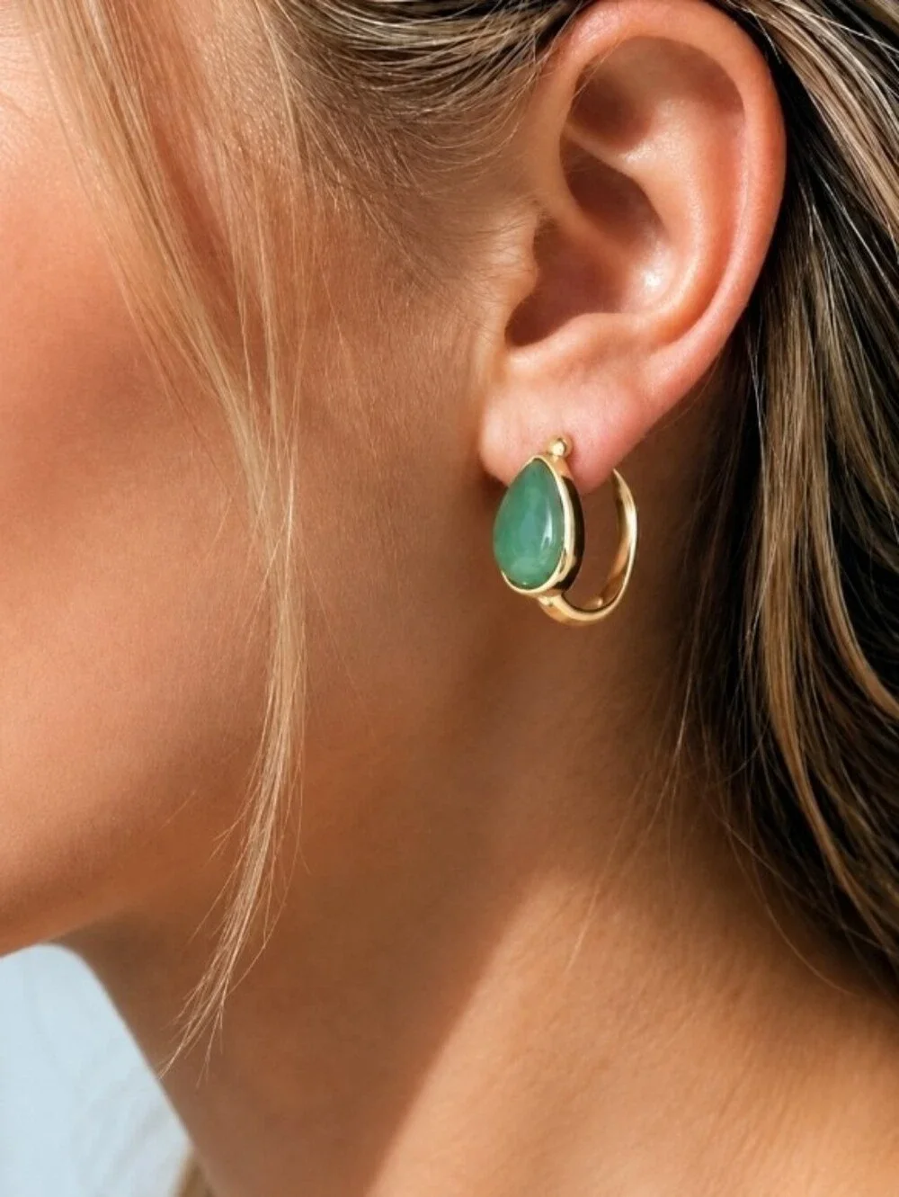 Gold Hoop Earrings with Green Teardrop Stone
